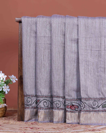 Elegant Kantha Hand Embroidered Saree with Traditional Floral Motifs and Woven Contrast Border - Light Lavender