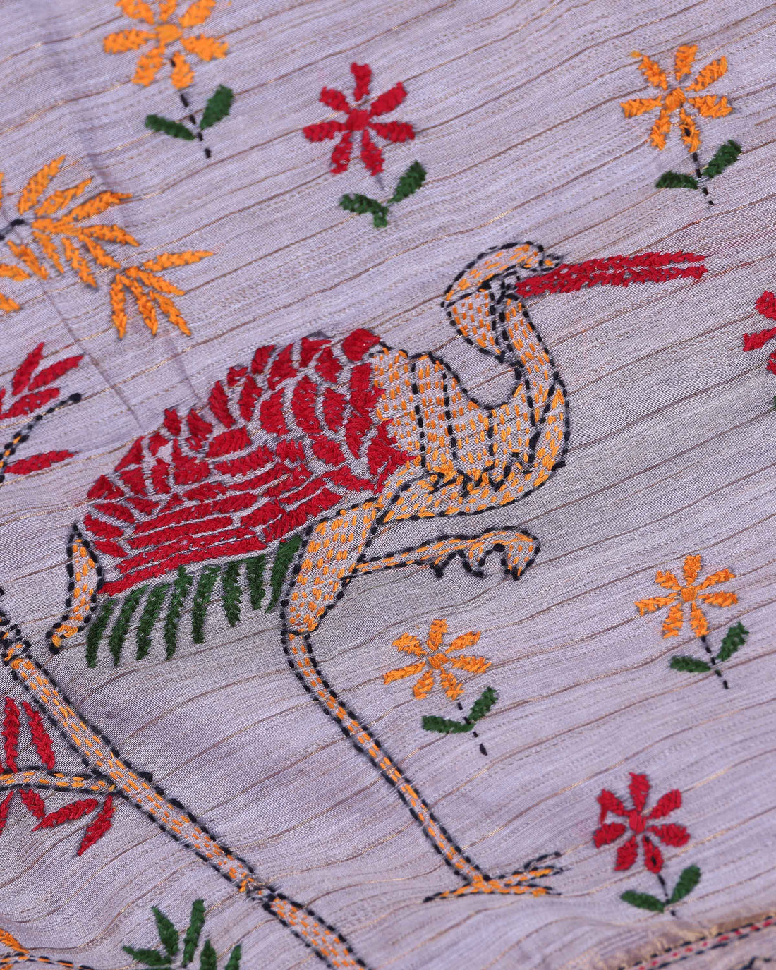 Elegant Kantha Hand Embroidered Saree with Traditional Floral Motifs and Woven Contrast Border - Light Lavender