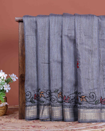 Elegant Kantha Hand Embroidered Saree with Traditional Floral Motifs and Woven Contrast Border - Grey