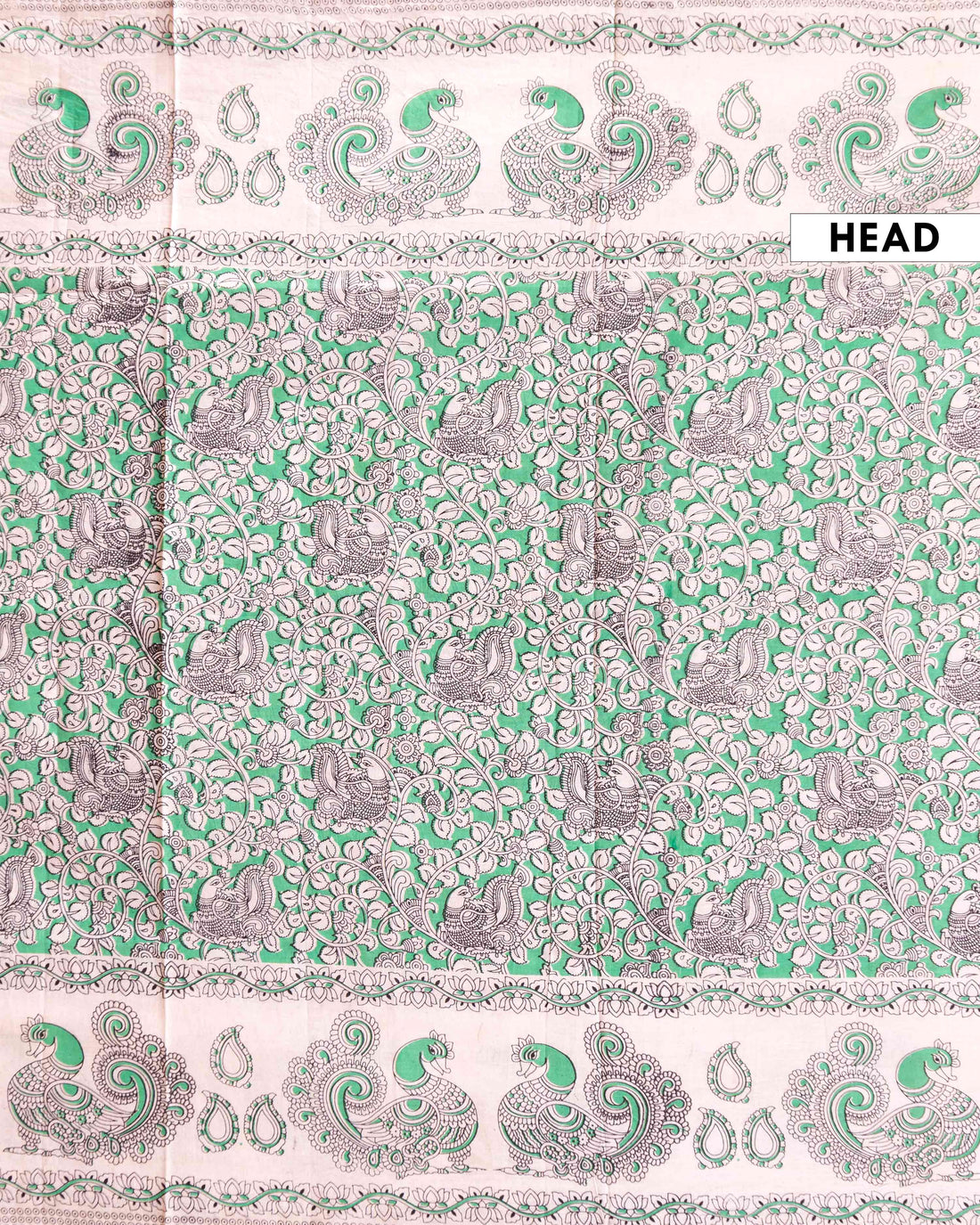Handblock Printed Kalamkari Cotton Saree with Traditional Peacock and Floral Motifs - Green