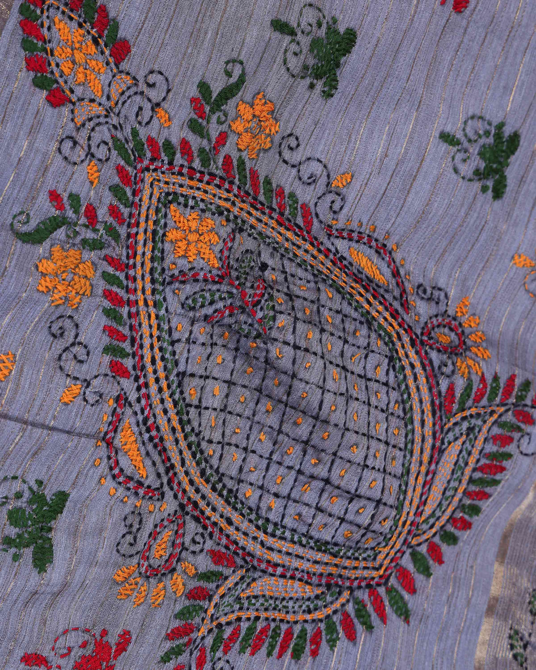 Elegant Kantha Hand Embroidered Saree with Traditional Floral Motifs and Woven Contrast Border - Grey