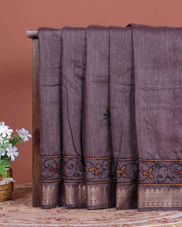 Elegant Kantha Hand Embroidered Saree with Traditional Floral Motifs and Woven Contrast Border - Dusty Purple