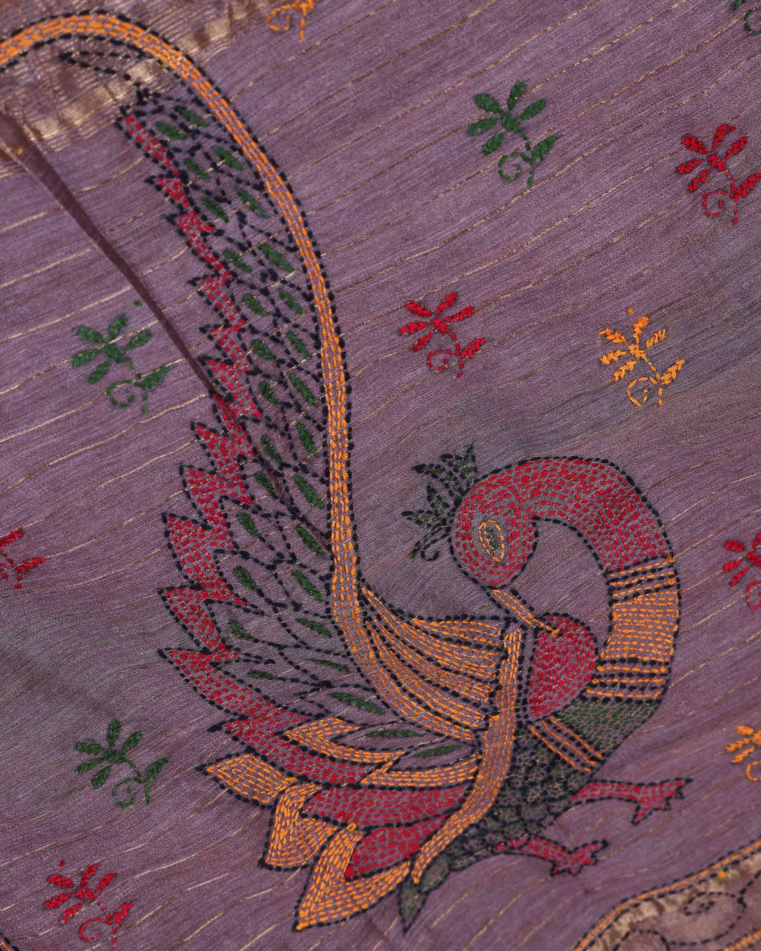 Elegant Kantha Hand Embroidered Saree with Traditional Floral Motifs and Woven Contrast Border - Dusty Purple