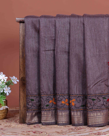 Elegant Kantha Hand Embroidered Saree with Traditional Floral Motifs and Woven Contrast Border - Dusty Purple (Copy)