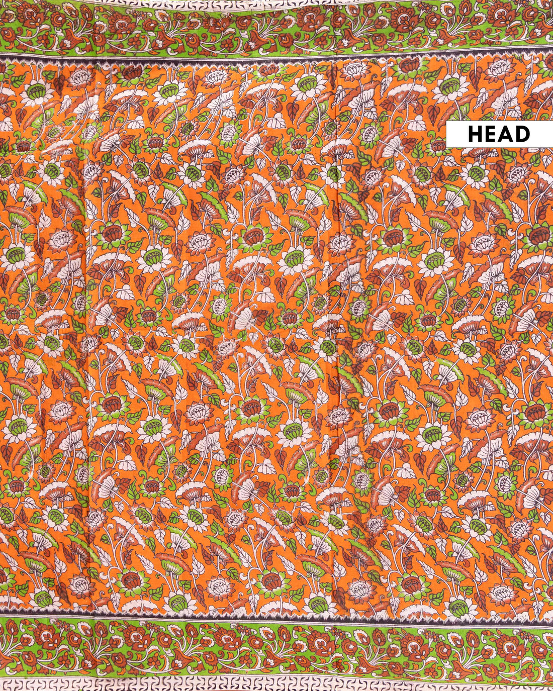 Traditional Hand-Printed Kalamkari Cotton Saree with Traditional Floral Motifs and Intricate Border - Orange