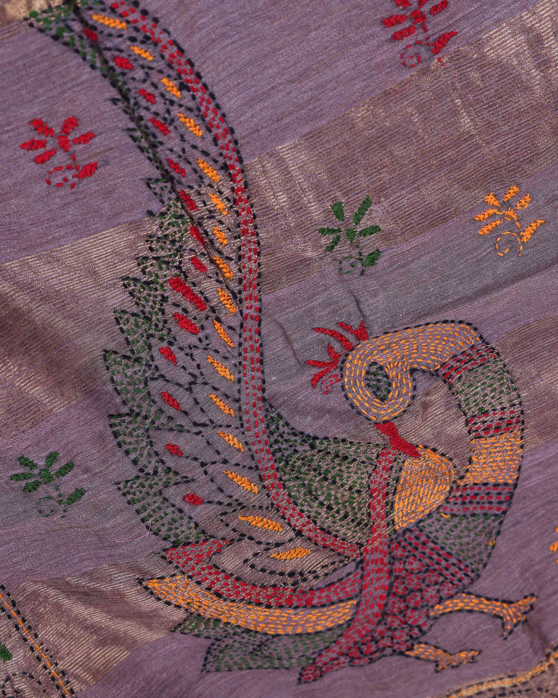 Elegant Kantha Hand Embroidered Saree with Traditional Floral Motifs and Woven Contrast Border - Dusty Purple (Copy)