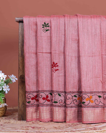 Elegant Kantha Hand Embroidered Saree with Traditional Floral Motifs and Woven Contrast Border - Dusty Pink