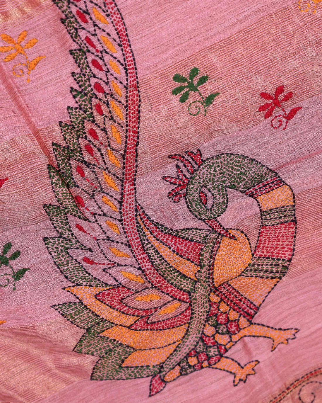 Elegant Kantha Hand Embroidered Saree with Traditional Floral Motifs and Woven Contrast Border - Dusty Pink