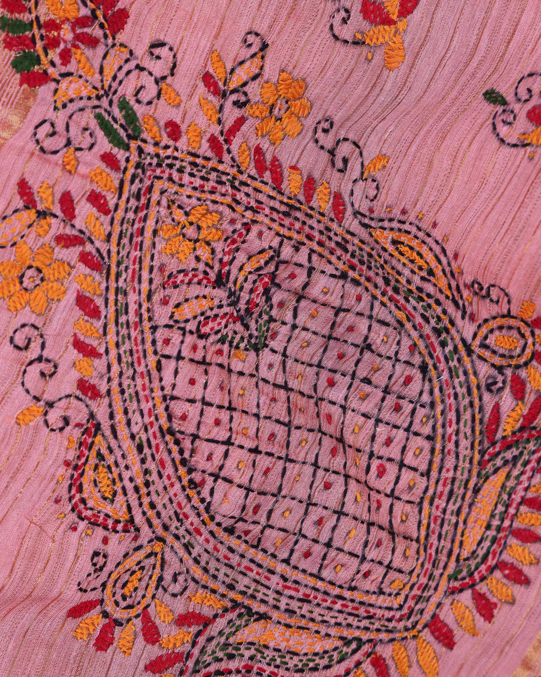 Elegant Kantha Hand Embroidered Saree with Traditional Floral Motifs and Woven Contrast Border - Dusty Pink