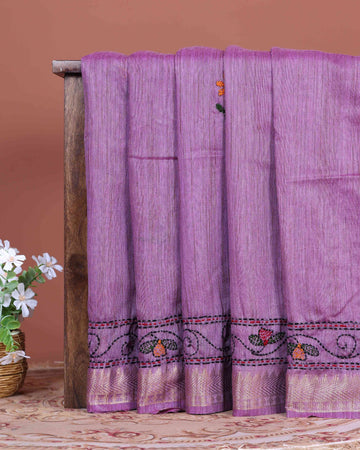 Elegant Kantha Hand Embroidered Saree with Traditional Floral Motifs and Woven Contrast Border - Lavender