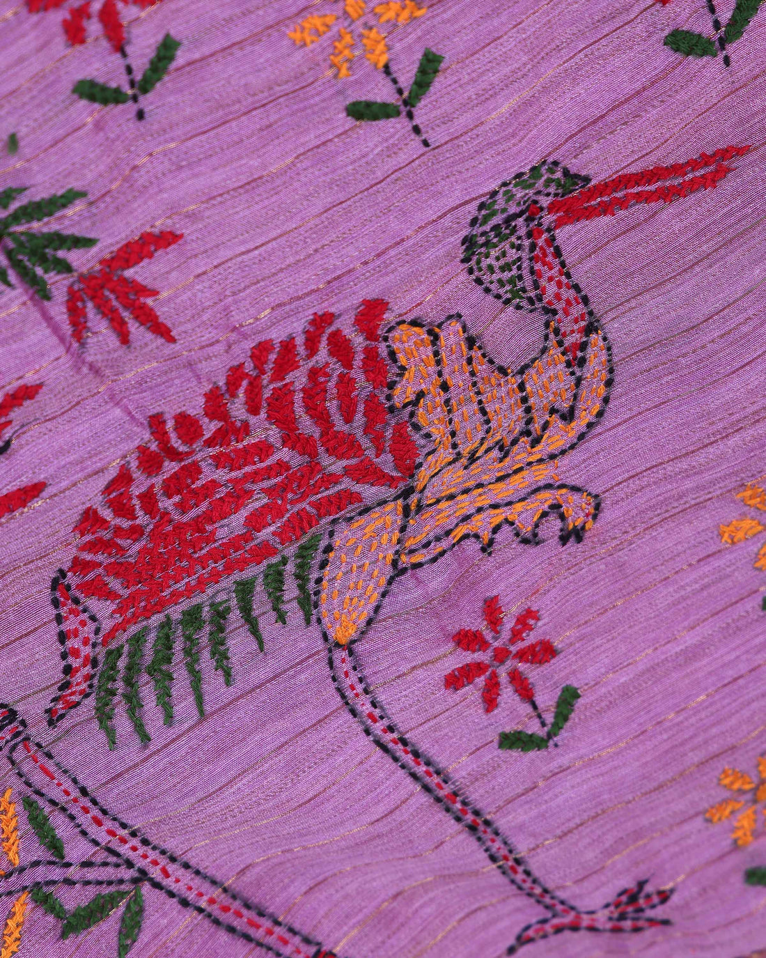 Elegant Kantha Hand Embroidered Saree with Traditional Floral Motifs and Woven Contrast Border - Lavender