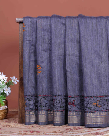 Elegant Kantha Hand Embroidered Saree with Traditional Floral Motifs and Woven Contrast Border - Grey