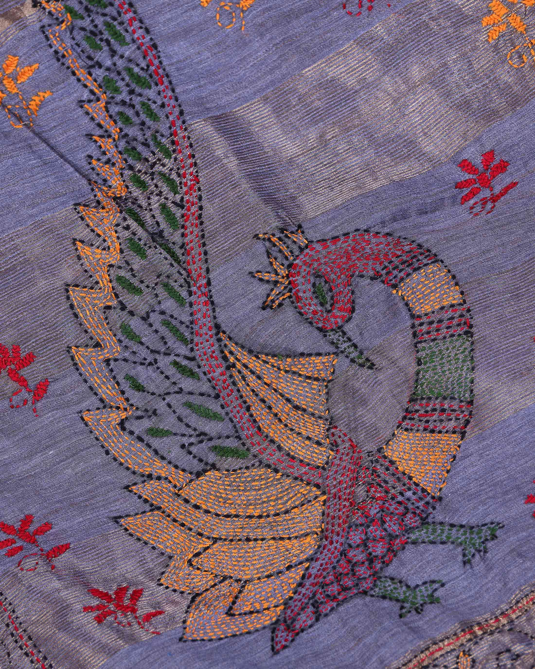 Elegant Kantha Hand Embroidered Saree with Traditional Floral Motifs and Woven Contrast Border - Grey