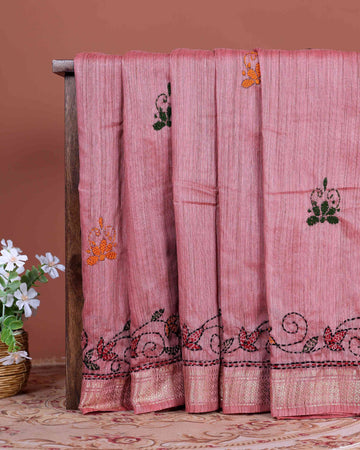 Elegant Kantha Hand Embroidered Saree with Traditional Floral Motifs and Woven Contrast Border - Dusty Pink