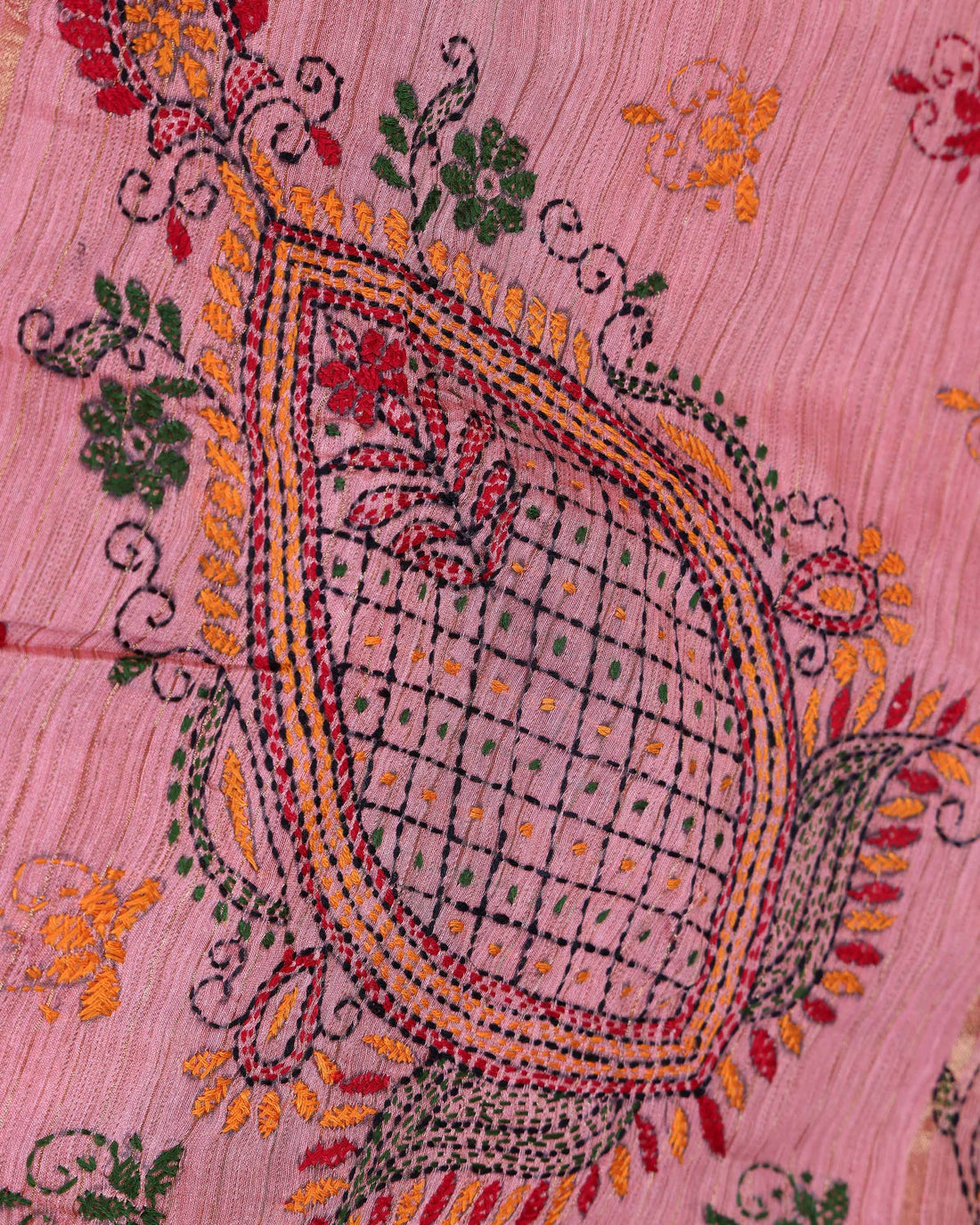 Elegant Kantha Hand Embroidered Saree with Traditional Floral Motifs and Woven Contrast Border - Dusty Pink
