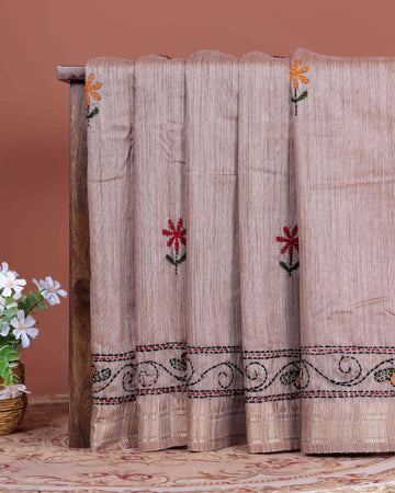 Elegant Kantha Hand Embroidered Saree with Traditional Floral Motifs and Woven Contrast Border - Light Brown