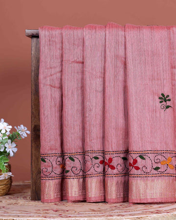 Elegant Kantha Hand Embroidered Saree with Traditional Floral Motifs and Woven Contrast Border - Dusty Pink