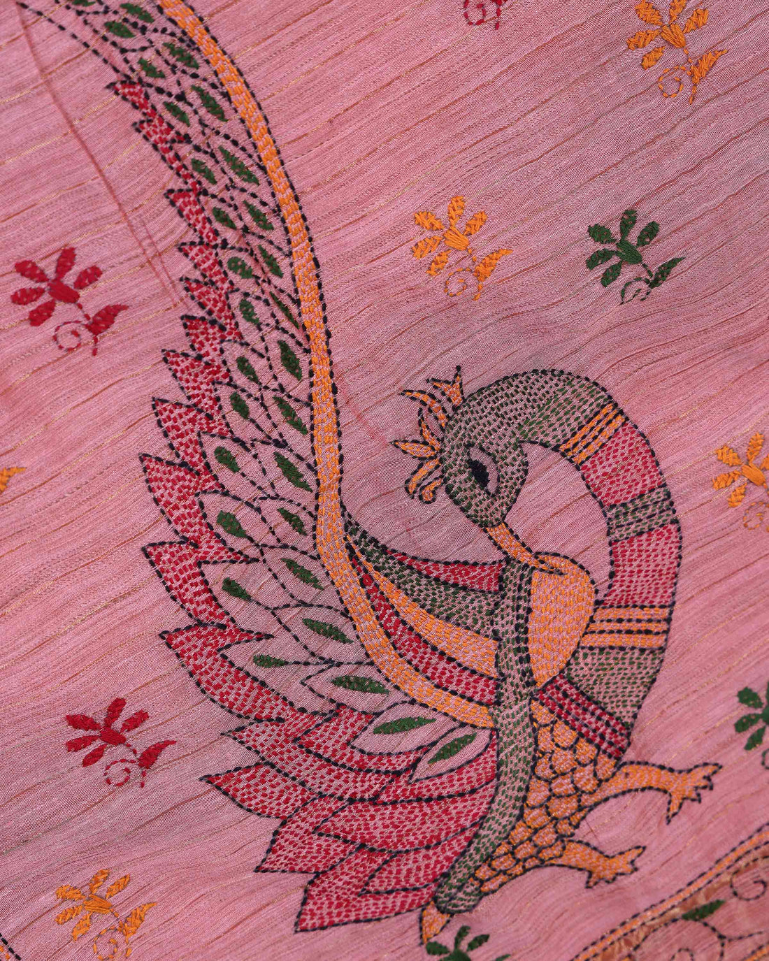 Elegant Kantha Hand Embroidered Saree with Traditional Floral Motifs and Woven Contrast Border - Dusty Pink