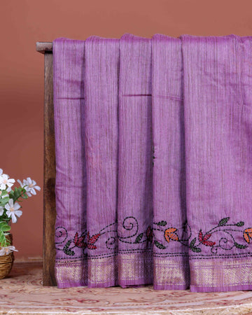 Elegant Kantha Hand Embroidered Saree with Traditional Floral Motifs and Woven Contrast Border - Lavender