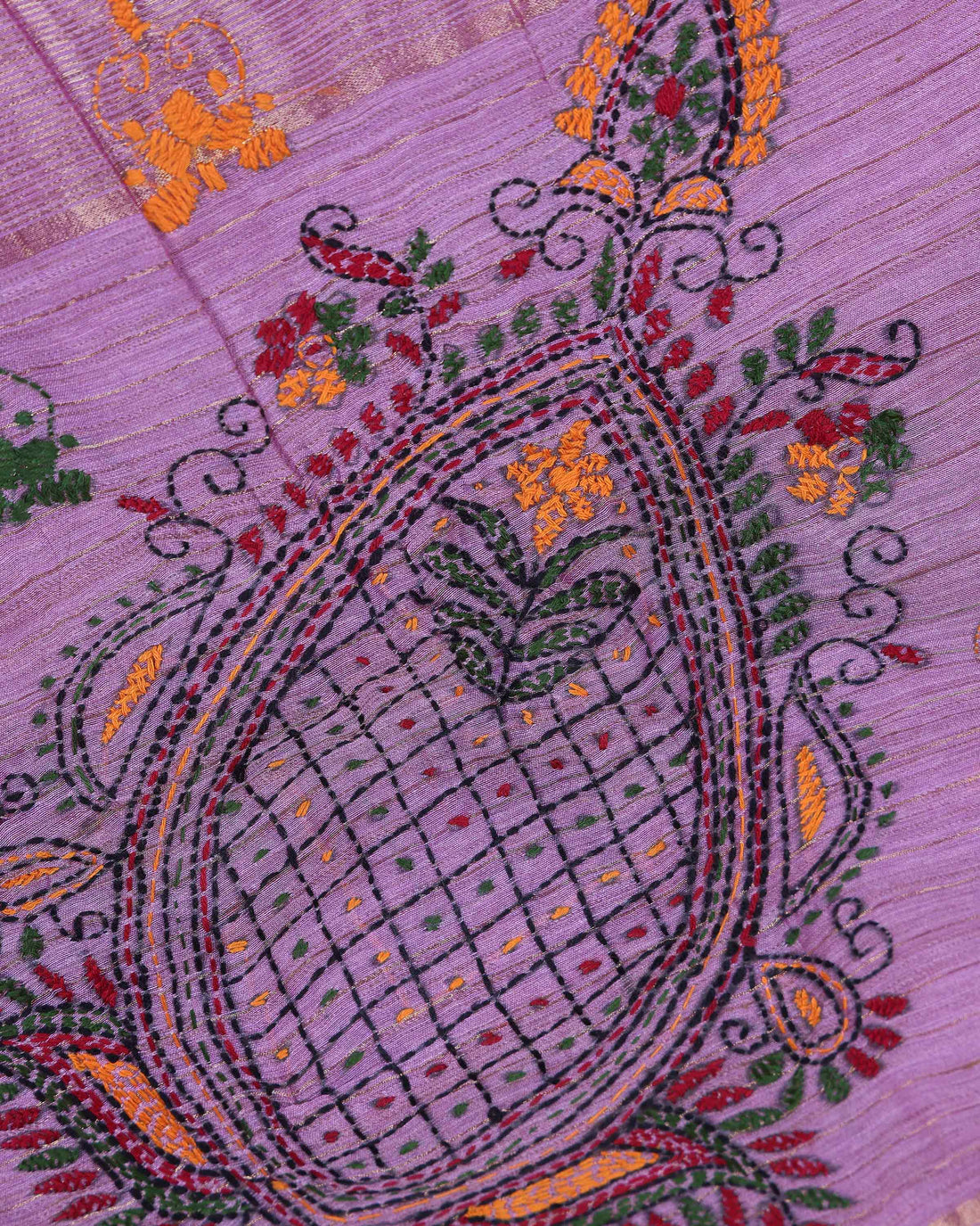 Elegant Kantha Hand Embroidered Saree with Traditional Floral Motifs and Woven Contrast Border - Lavender