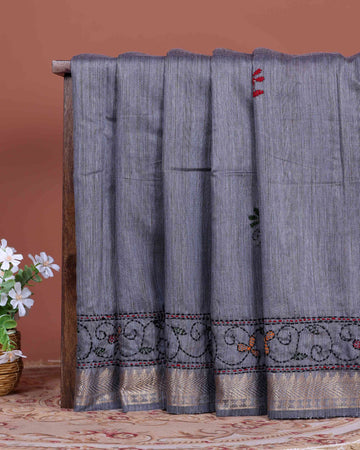 Elegant Kantha Hand Embroidered Saree with Traditional Floral Motifs and Woven Contrast Border - Dark Grey