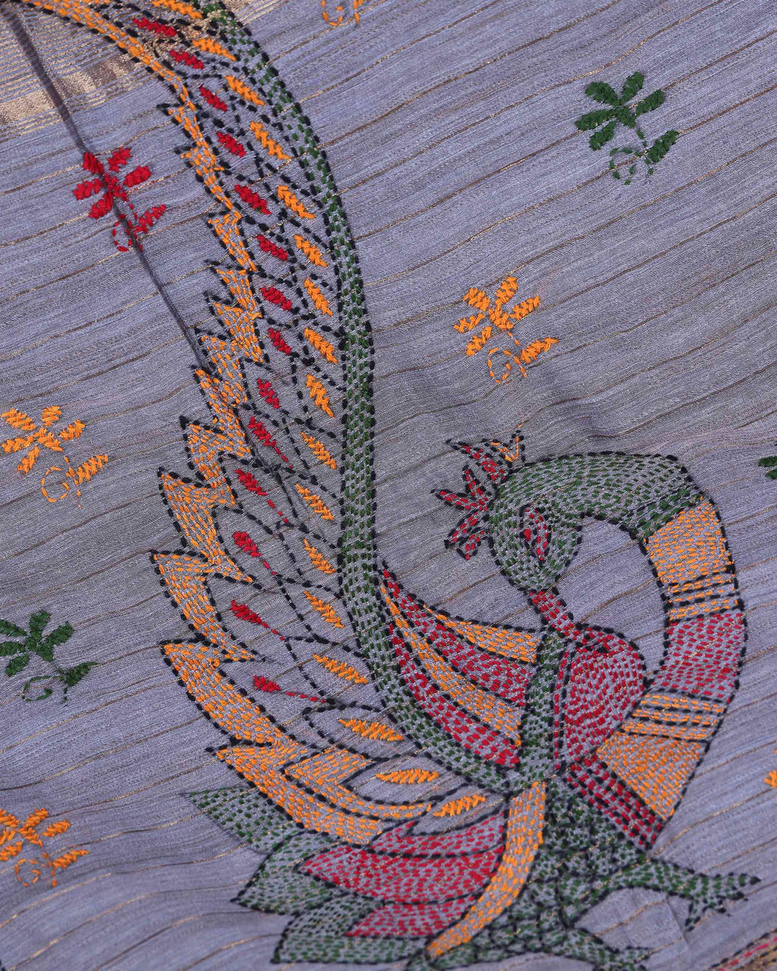 Elegant Kantha Hand Embroidered Saree with Traditional Floral Motifs and Woven Contrast Border - Dark Grey