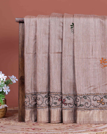 Elegant Kantha Hand Embroidered Saree with Traditional Floral Motifs and Woven Contrast Border - Light Brown