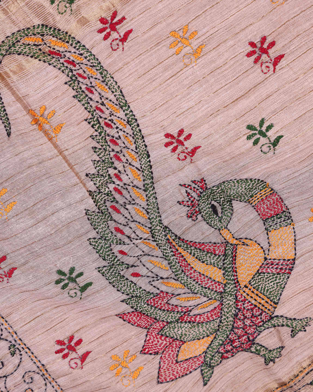 Elegant Kantha Hand Embroidered Saree with Traditional Floral Motifs and Woven Contrast Border - Light Brown