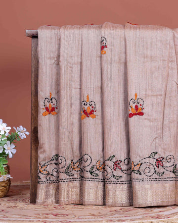 Elegant Kantha Hand Embroidered Saree with Traditional Floral Motifs and Woven Contrast Border - Light Brown