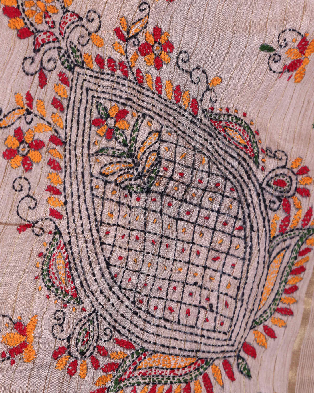 Elegant Kantha Hand Embroidered Saree with Traditional Floral Motifs and Woven Contrast Border - Light Brown