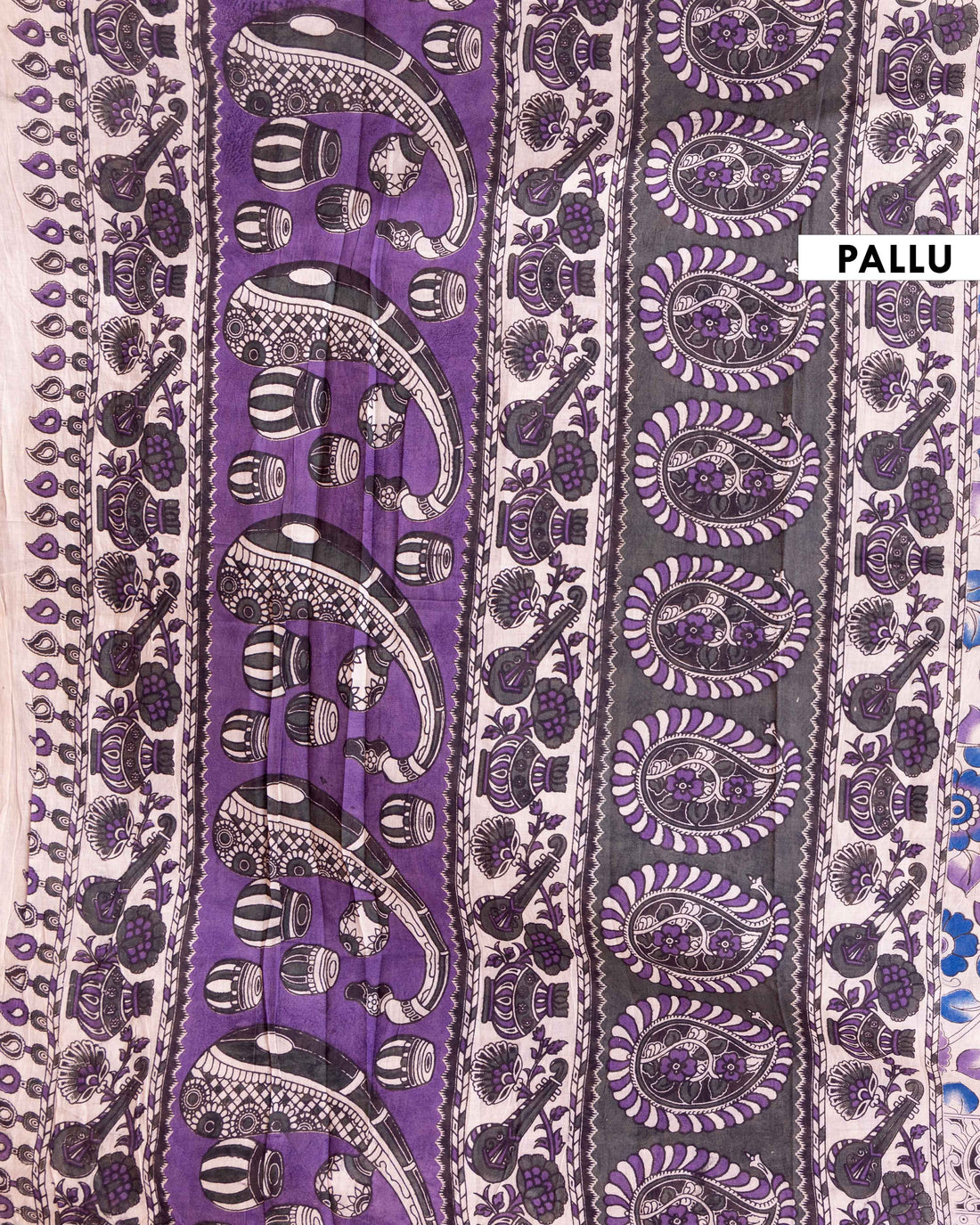 Traditional Hand-Painted Kalamkari Cotton Saree with Floral Motifs and Intricate Border - Cream