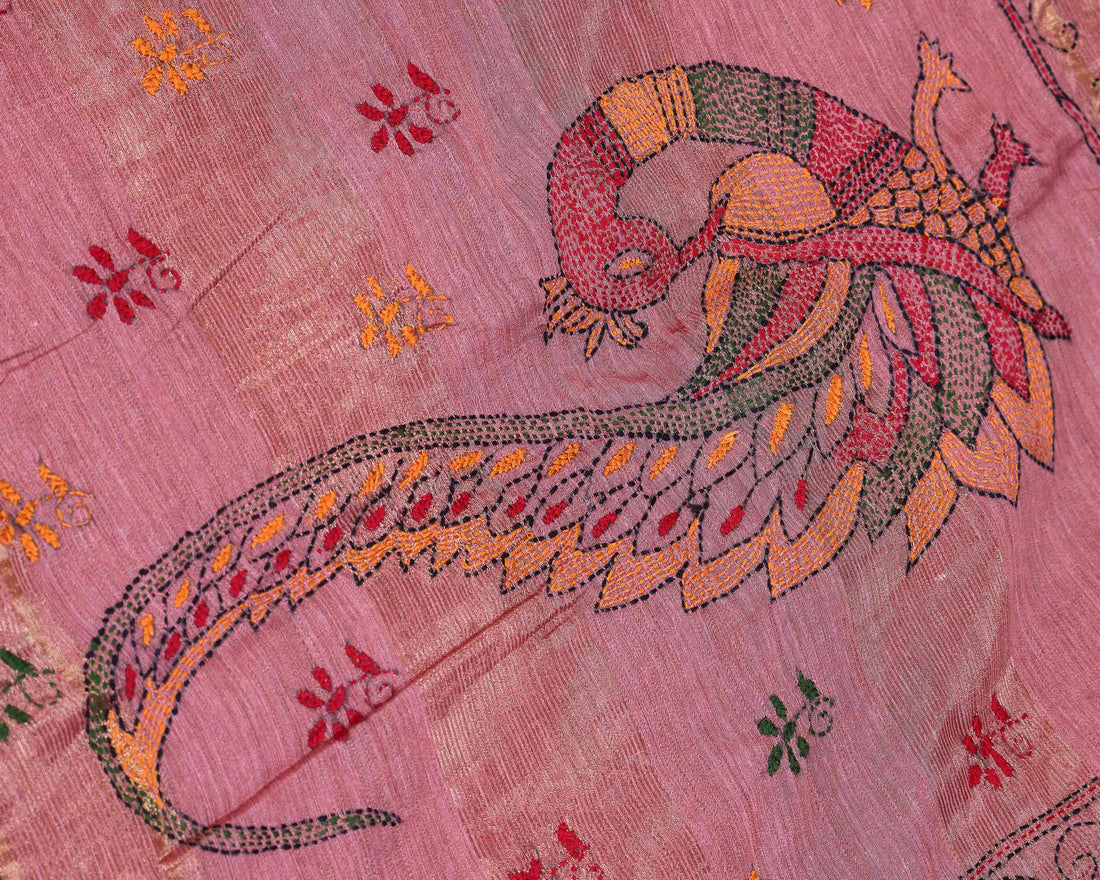 Elegant Kantha Hand Embroidered Saree with Traditional Floral Motifs and Woven Contrast Border - Dusty Pink