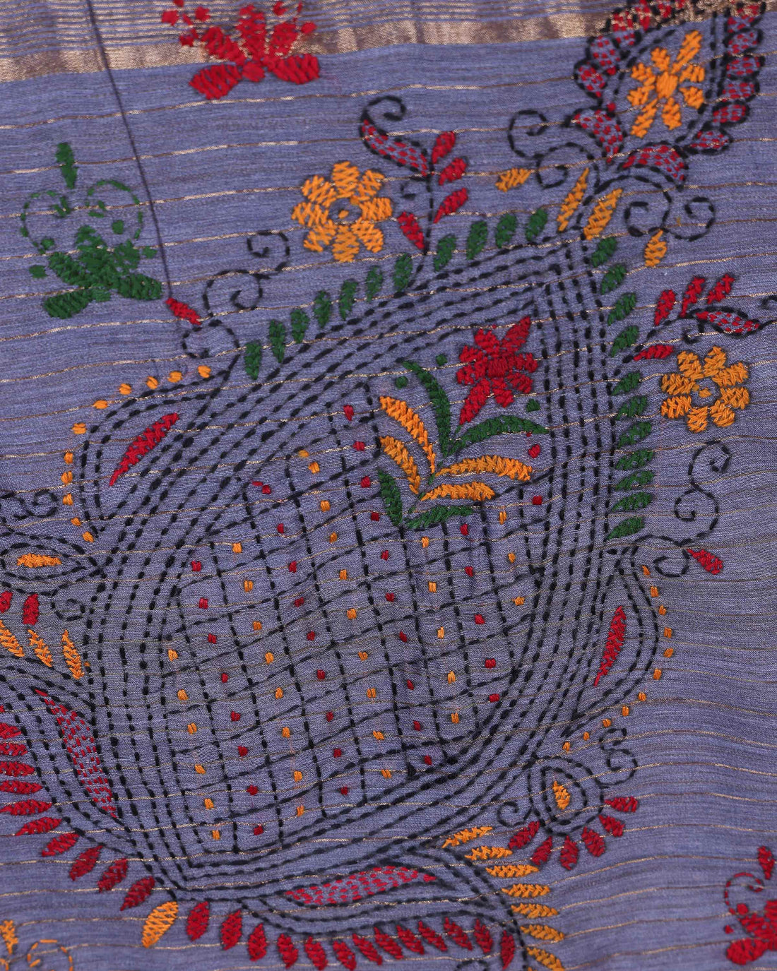 Elegant Kantha Hand Embroidered Saree with Traditional Floral Motifs and Woven Contrast Border - Dark Grey