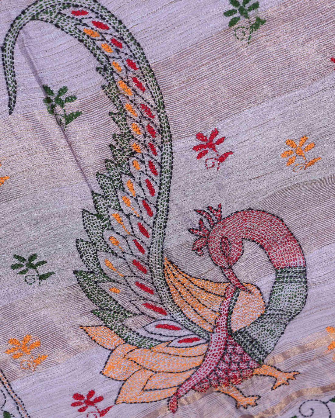 Elegant Kantha Hand Embroidered Saree with Traditional Floral Motifs and Woven Contrast Border - Light Grey