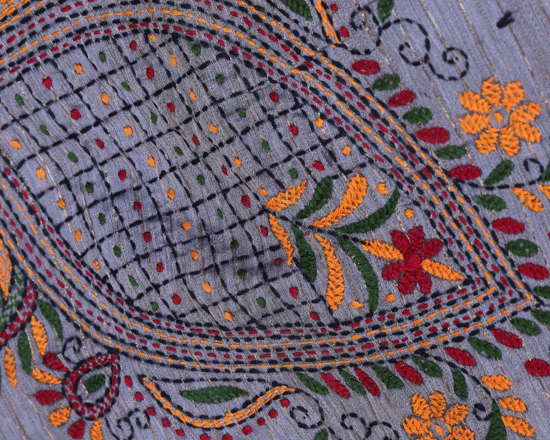 Elegant Kantha Hand Embroidered Saree with Traditional Floral Motifs and Woven Contrast Border - Grey
