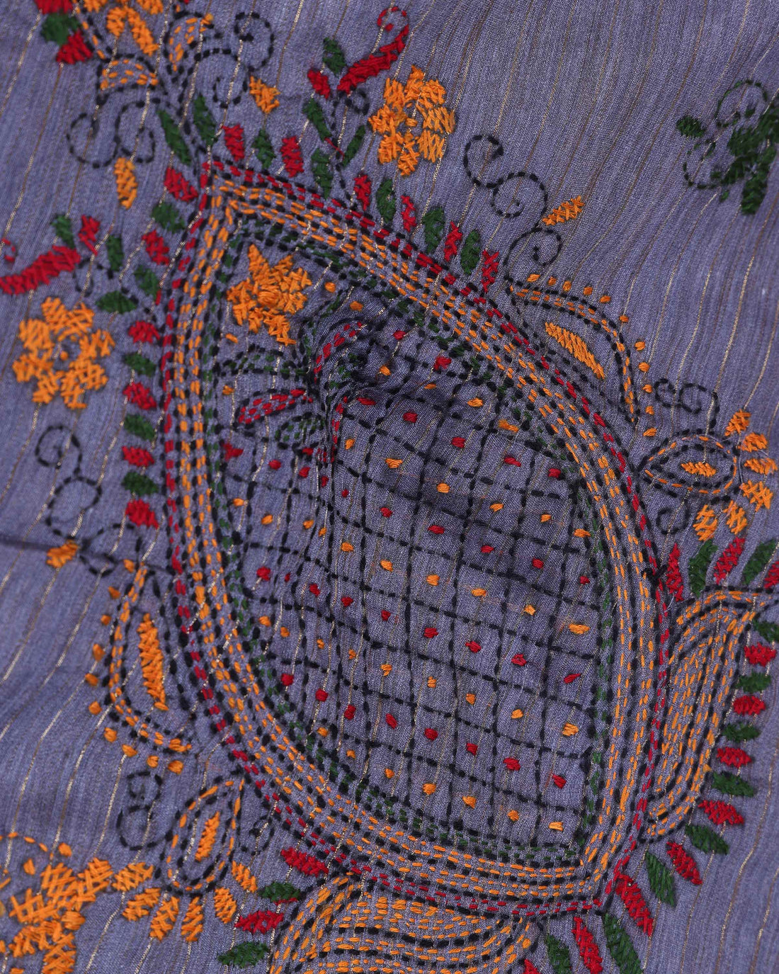 Elegant Kantha Hand Embroidered Saree with Traditional Floral Motifs and Woven Contrast Border - Dark Grey