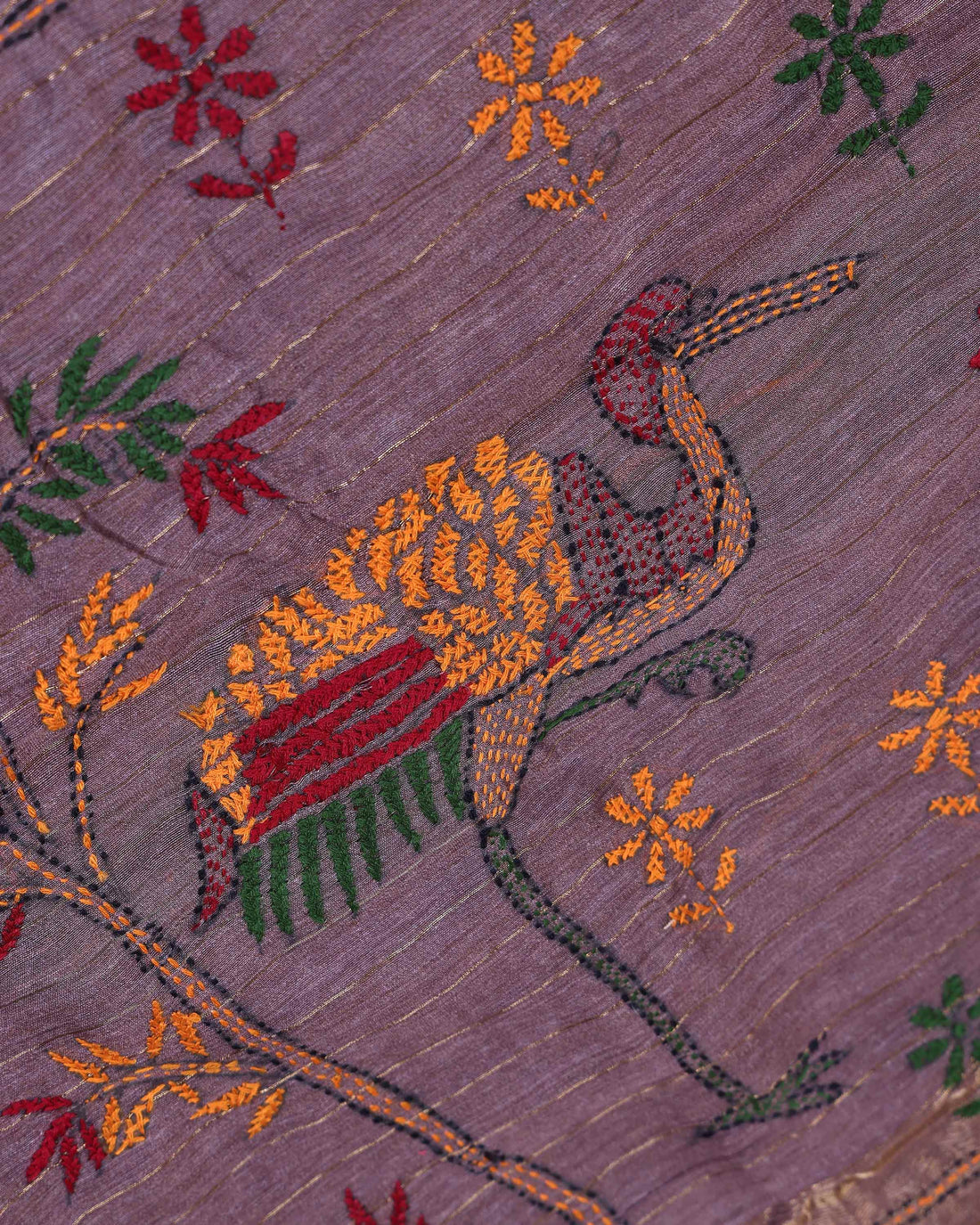 Elegant Kantha Hand Embroidered Saree with Traditional Floral Motifs and Woven Contrast Border - Dusty Purple