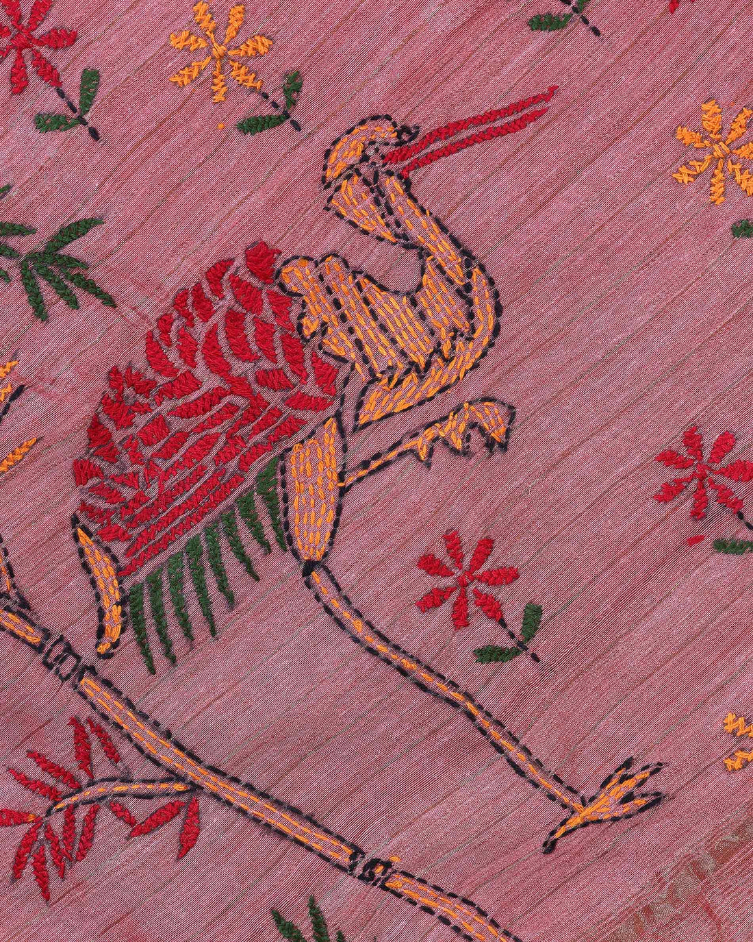 Elegant Kantha Hand Embroidered Saree with Traditional Floral Motifs and Woven Contrast Border - Dusty Pink