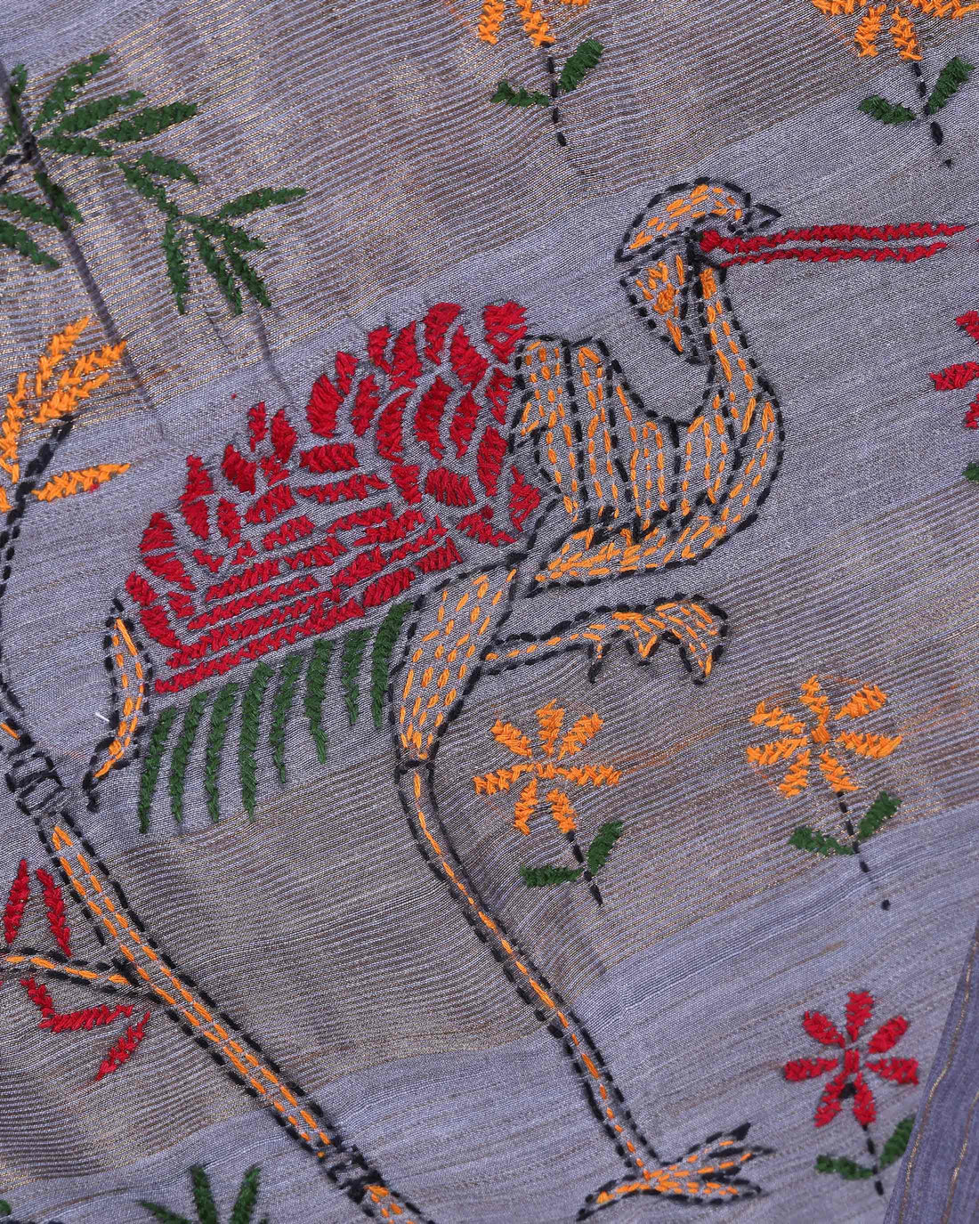 Elegant Kantha Hand Embroidered Saree with Traditional Floral Motifs and Woven Contrast Border - Dark Grey