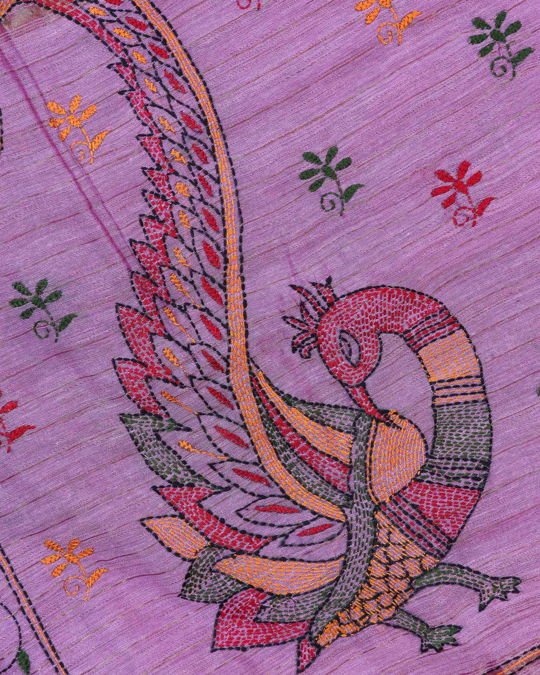 Elegant Kantha Hand Embroidered Saree with Traditional Floral Motifs and Woven Contrast Border - Lavender