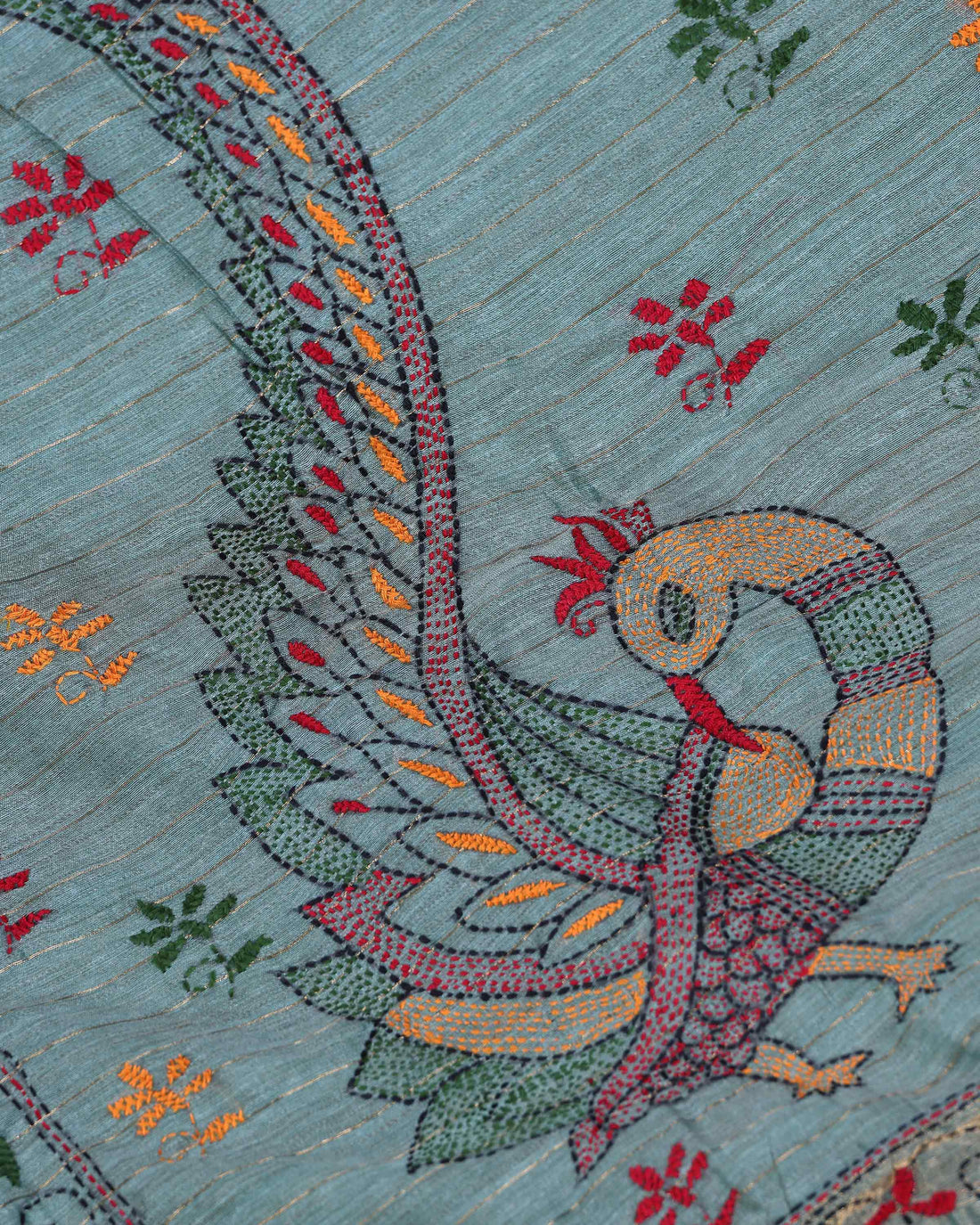 Elegant Kantha Hand Embroidered Saree with Traditional Floral Motifs and Woven Contrast Border - Green