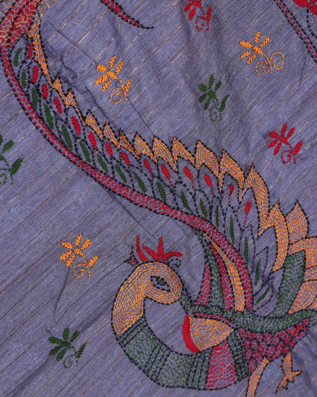 Elegant Kantha Hand Embroidered Saree with Traditional Floral Motifs and Woven Contrast Border - Dark Grey