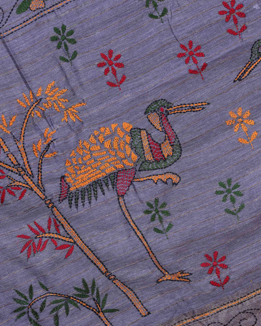 Elegant Kantha Hand Embroidered Saree with Traditional Floral Motifs and Woven Contrast Border - Dark Grey
