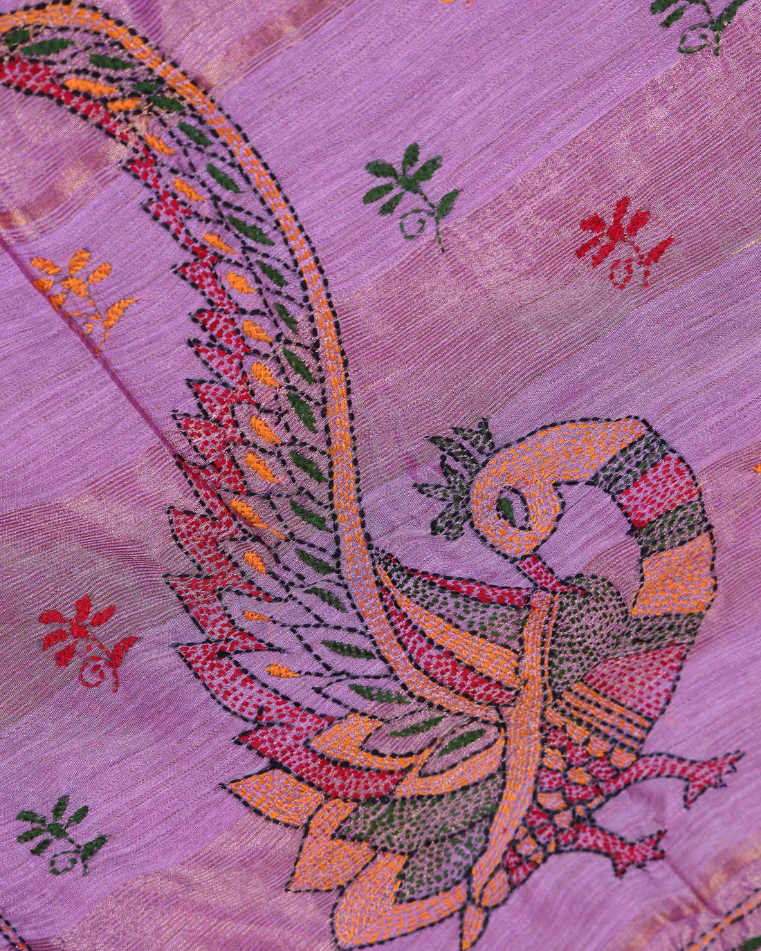 Elegant Kantha Hand Embroidered Saree with Traditional Floral Motifs and Woven Contrast Border - Lavender