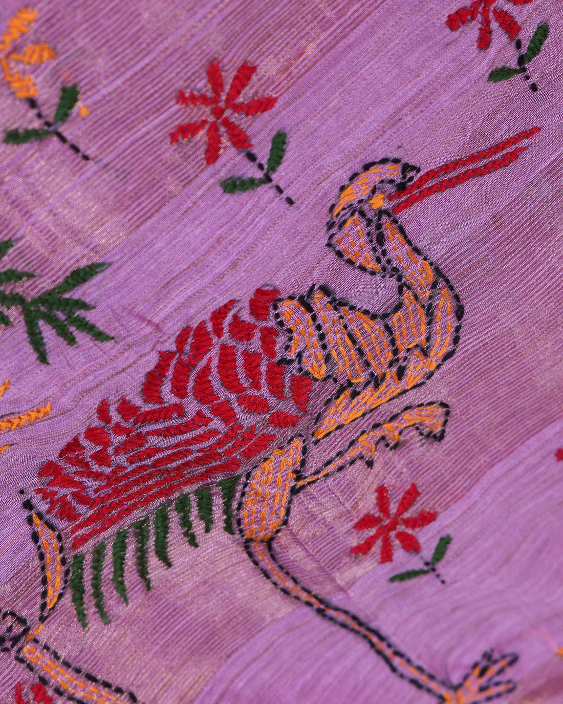 Elegant Kantha Hand Embroidered Saree with Traditional Floral Motifs and Woven Contrast Border - Lavender