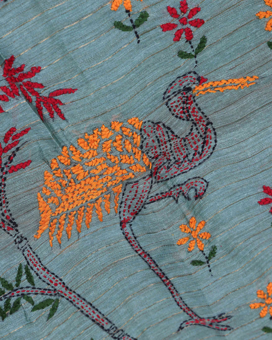 Elegant Kantha Hand Embroidered Saree with Traditional Floral Motifs and Woven Contrast Border - Green