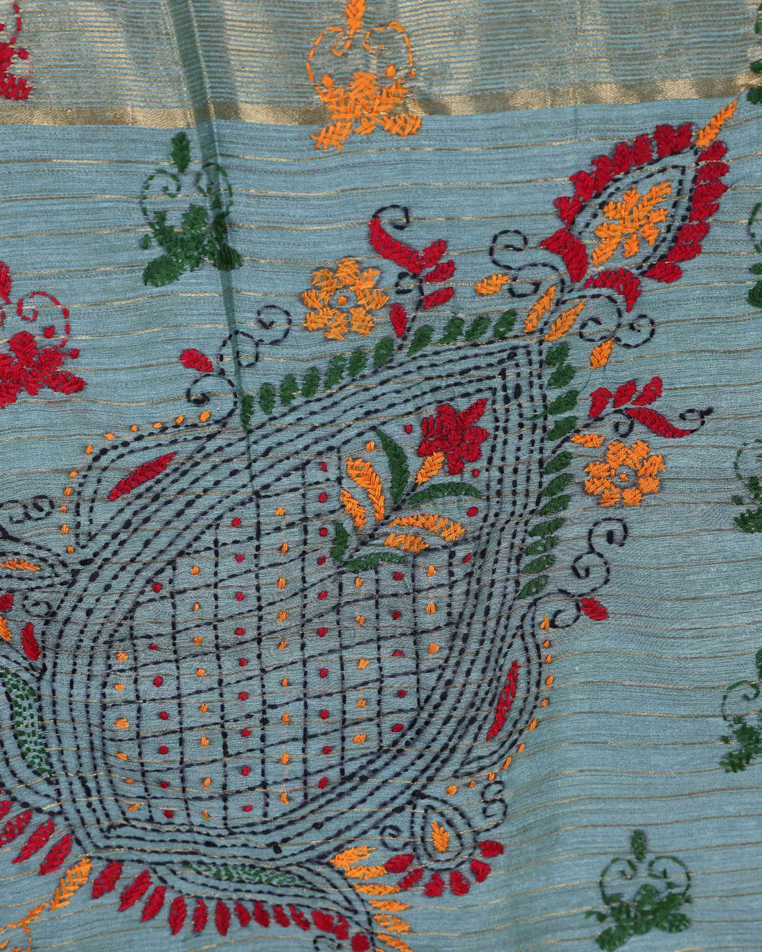 Elegant Kantha Hand Embroidered Saree with Traditional Floral Motifs and Woven Contrast Border - Green