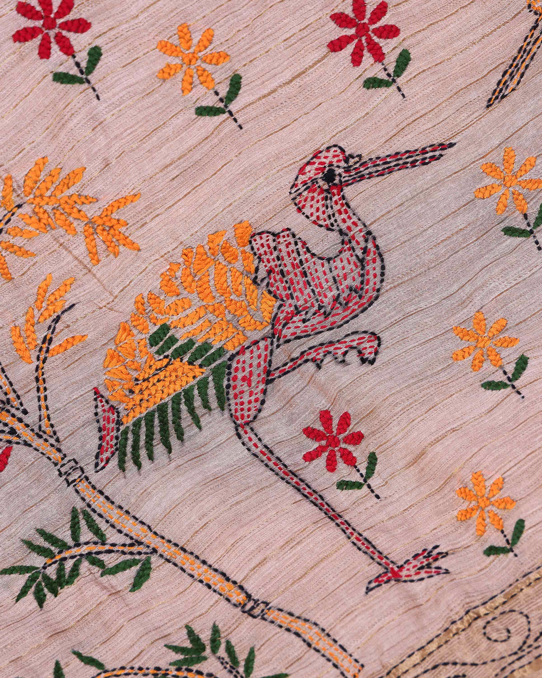 Elegant Kantha Hand Embroidered Saree with Traditional Floral Motifs and Woven Contrast Border - Light Brown