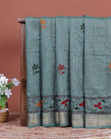 Elegant Kantha Hand Embroidered Saree with Traditional Floral Motifs and Woven Contrast Border - Green