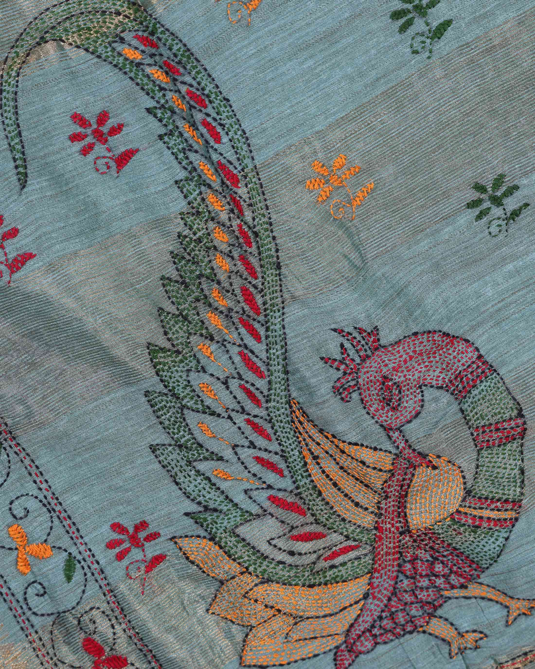 Elegant Kantha Hand Embroidered Saree with Traditional Floral Motifs and Woven Contrast Border - Green